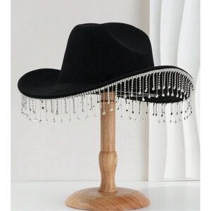 Western Silver Embellished Fringe Cowboy Hat in Black Felt